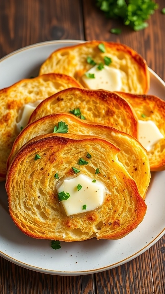 Garlic Sourdough Bread Recipe Toasted garlic sourdough bread slices on a plate, garnished with parsley, on a rustic wooden table.